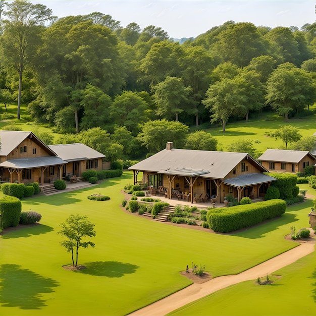 Foto de una villa moderna ubicada en medio de un exuberante paisaje verde con una hermosa pasarela