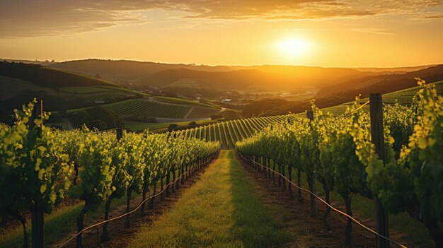 Una foto de un viñedo con viñas rodando colinas