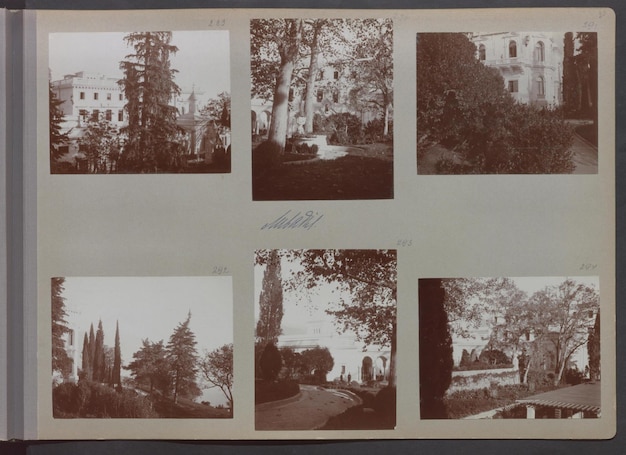 una foto vintage de una casa con una imagen de un hombre y un coche