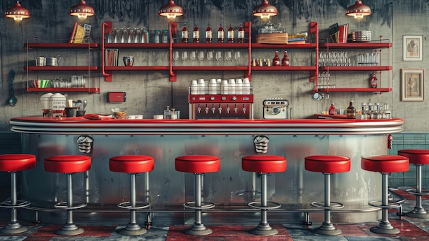 Foto vintage de um café americano vermelho, design de interiores retro dos anos 50.