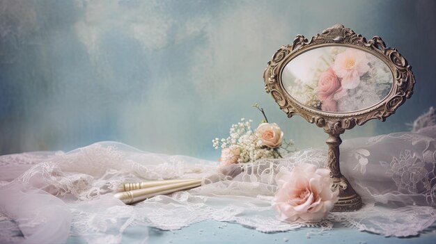 Una foto de un vintage espejo de mano encaje vanidad telón de fondo