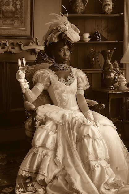 Foto foto vintage de una hermosa chica con un vestido elegante sosteniendo una copa de vino en la mano degustación de vino