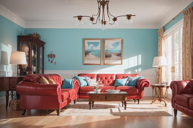 Foto vintage salón sofá rojo sobre suelo blanco y pared azul claro 3d render