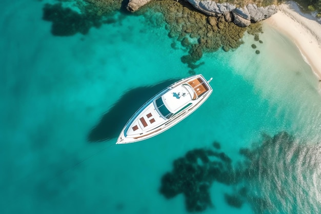 Foto vista aérea de un barco de lujo anclado en una hermosa playa generada por ai