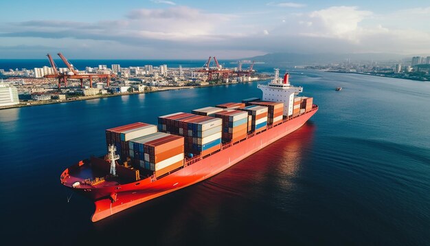 Foto vista aérea del buque de carga y el contenedor de carga en el puerto Fotografía comercial