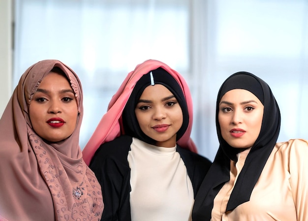 foto vista de cerca tres hermosas mujeres musulmanas posando en el interior