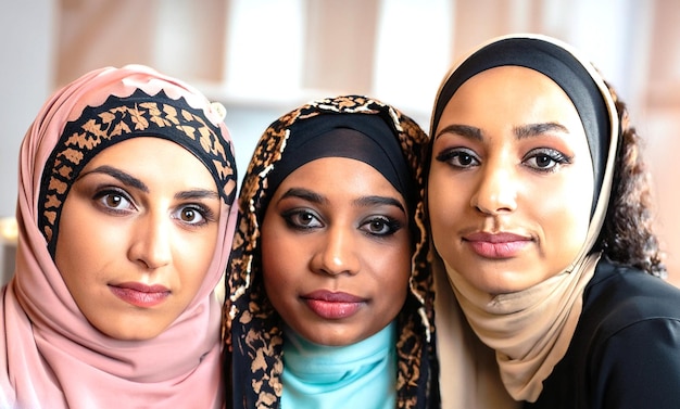 foto vista de cerca tres hermosas mujeres musulmanas posando en el interior