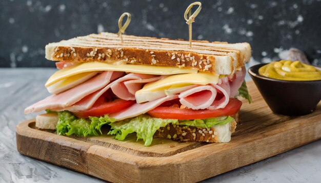 foto vista frontal deliciosos sándwiches de jamón dentro del plato generado por IA