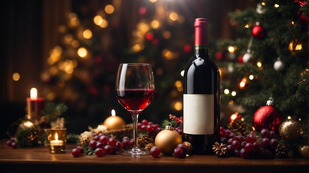 Foto vista frontal do vinho tinto em uma garrafa de vinho de vidro vinho de natal com velas vermelhas de bugiganga de natal