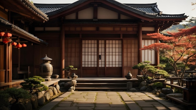 foto vista frontal de la entrada a la casa tradicional japonesa