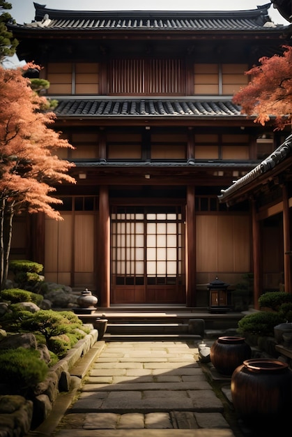foto vista frontal de la entrada a la casa tradicional japonesa