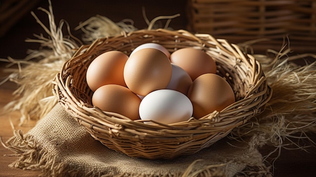 foto vista frontal huevos de gallina frescos dentro de la canasta sobre una superficie oscura generada por AI