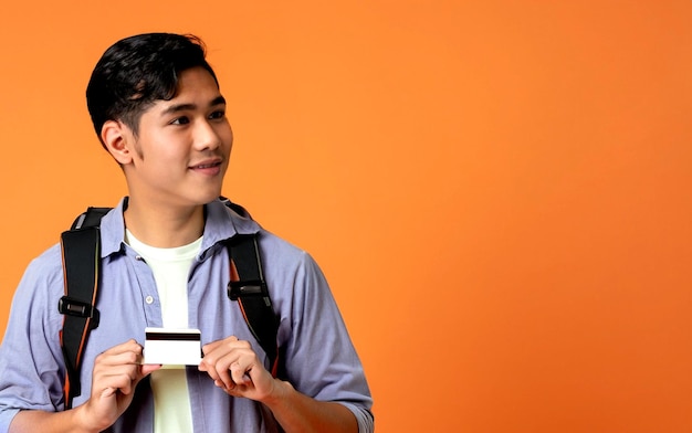 foto vista frontal jovem macho se preparando para caminhadas segurando o cartão do banco em fundo laranja