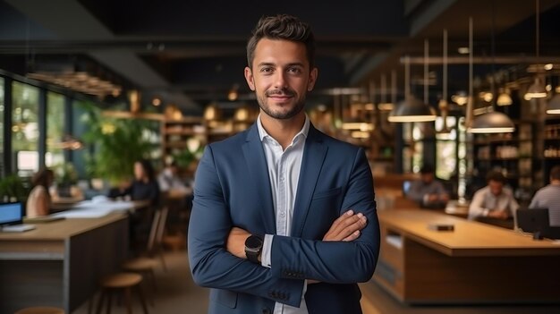 Foto vista frontal retrato de un joven sonriente, experimentado, elegante, barbudo, gerente de oficina hindú