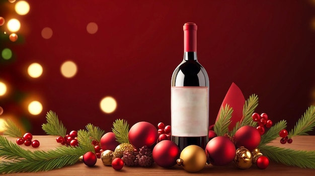 Foto vista frontal de vino tinto en una botella de vino de vidrio vino navideño con adornos navideños velas rojas