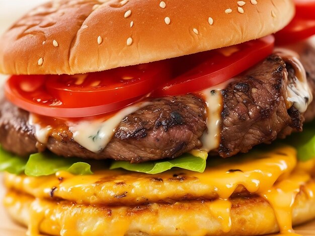Foto vista lateral de una hamburguesa doble con queso y ternera a la parrilla generada por IA