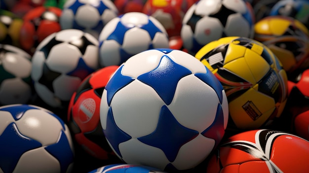 Una foto de una vista de primer plano de bolas de fútbol en diferentes colores