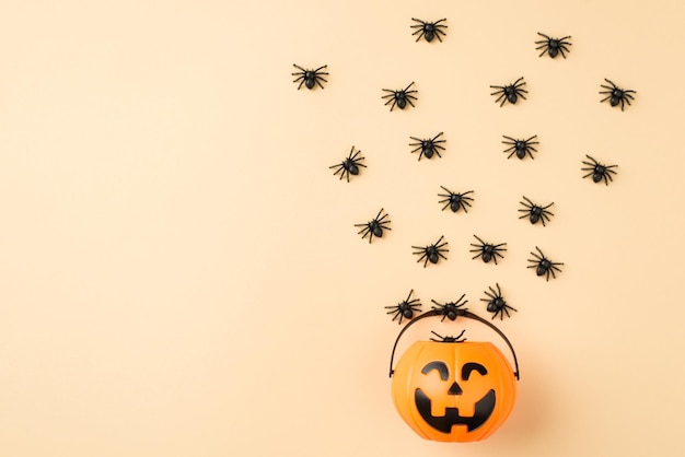 Foto de vista superior de arañas saliendo de la canasta de calabaza sobre fondo beige aislado con espacio de copia