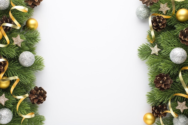 Foto de vista superior de bolas de árbol de navidad de oro y plata brillante conos de pino pequeñas estrellas y serpentina en ramas de pino sobre fondo blanco aislado con espacio en blanco