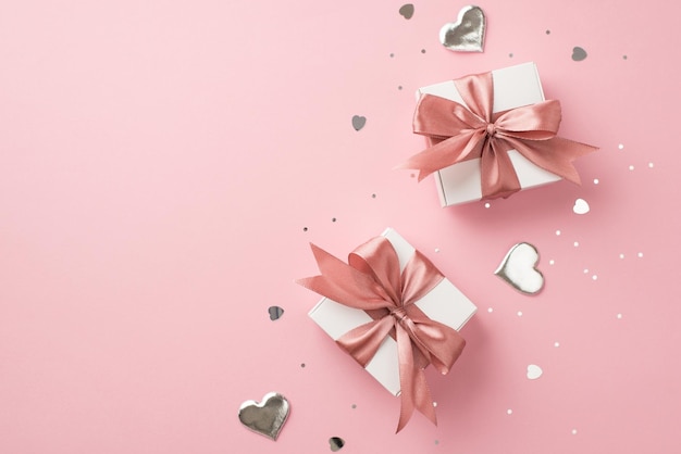 Foto de vista superior de cajas de regalo blancas con lazos de cinta de raso rosa, corazones decorativos plateados, lentejuelas y confeti en forma de corazón sobre fondo rosa pastel aislado con espacio de copia