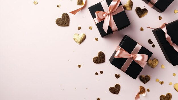 Foto de vista superior de cajas de regalo con lazos, lentejuelas de cinta rizada y confeti en forma de corazón