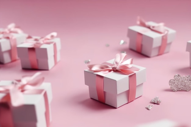 Foto de vista superior de cajas de regalo rosa con lazo rosa sobre fondo rosa pastel aislado con espacio de copia