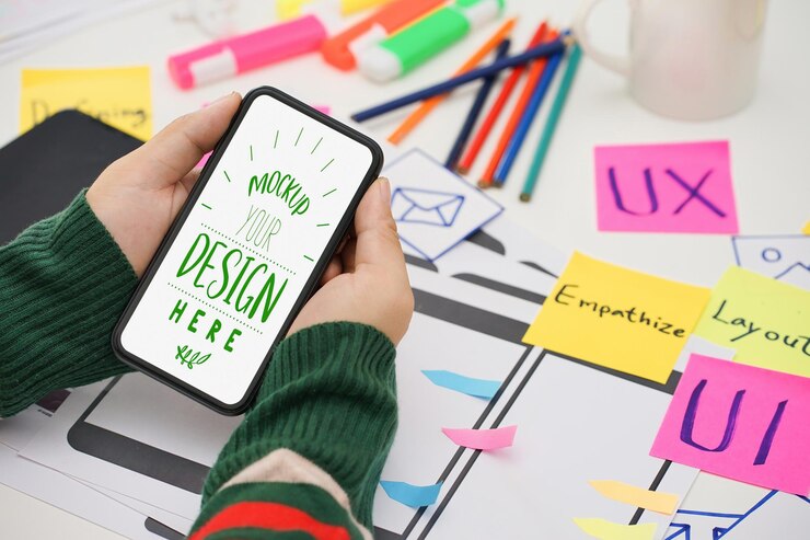 Foto foto de la vista superior creativa del espacio de trabajo del diseñador de la interfaz de usuario de ux con maqueta de pantalla blanca móvil pantalla blanca para montaje gráfico