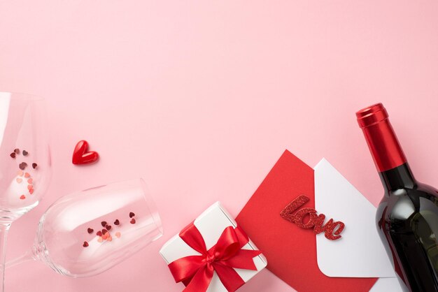 Foto de la vista superior de la decoración del día de san valentín copas de corazón con confeti caja de regalo blanca con lazo rojo sobre tarjeta roja inscripción amor y botella de vino sobre fondo rosa pastel aislado con copyspace