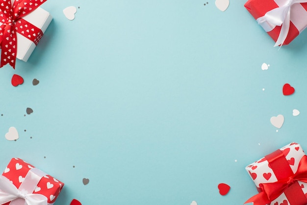 Foto de vista superior de decoraciones del día de san valentín confeti en forma de corazón cajas de regalo de lentejuelas brillantes en papel de regalo con patrón de corazón y lazos sobre fondo azul pastel aislado con copyspace