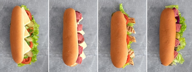 Foto de vista superior de diferentes tipos de sándwiches fríos