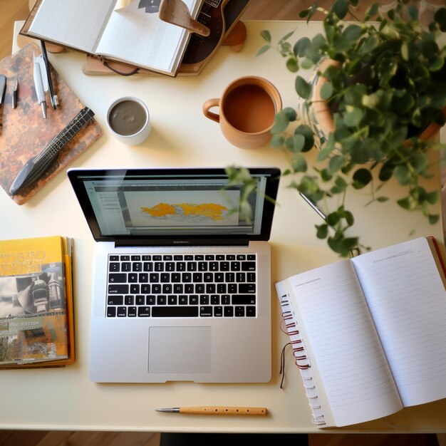 Foto una foto de la vista superior del espacio de trabajo con portátil y teclado también café