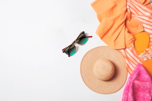 Foto de vista superior de gafas de sombrero de cámara conchas marinas y estrellas de mar en un fondo aislado generado con IA