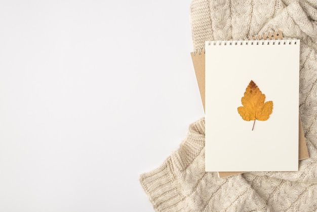 Foto de la vista superior de la hoja amarilla de otoño en cuadernos y jersey de punto sobre fondo blanco aislado con espacio de copia