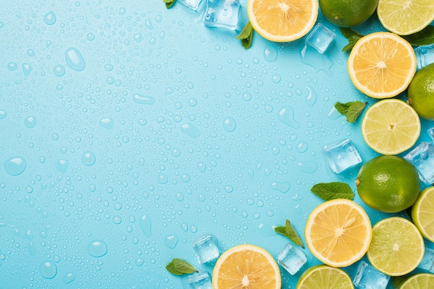 Foto foto de vista superior de hojas de menta limas enteras y en rodajas mitades de cubitos de hielo de limón a la derecha y gotas de agua sobre fondo azul pastel aislado con espacio de copia a la izquierda