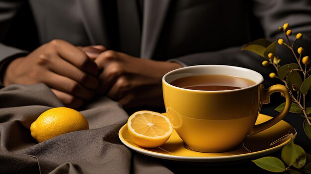 Foto foto de la vista superior de un hombre de 39 años con una chaqueta marrón tocando una taza de té en un vaso blanco con una rebanada de limón