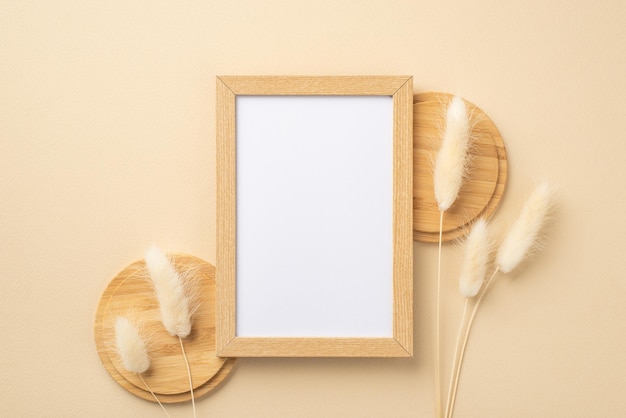 Foto de vista superior de marco de fotos de madera y flores de lagurus blancas sobre soportes de madera sobre fondo beige aislado con espacio vacío