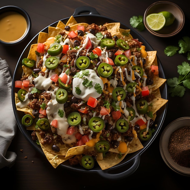 una foto de la vista superior de nachos cargados con jalapenos, aceitunas negras y salsa de queso