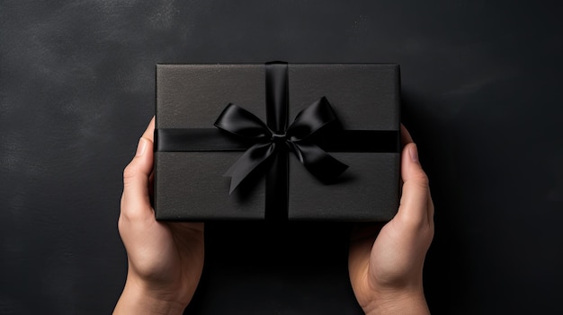 Foto de vista superior en primera persona de manos sosteniendo una caja de regalo negra sin envolver sobre un fondo negro aislado