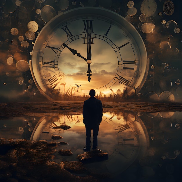 Foto foto vista surrealista hombre de pie frente al reloj de tiempo la importancia del concepto de tiempo creativo ai