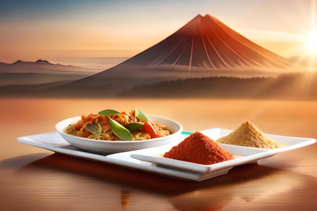 Una foto de un volcán con un plato de comida encima.