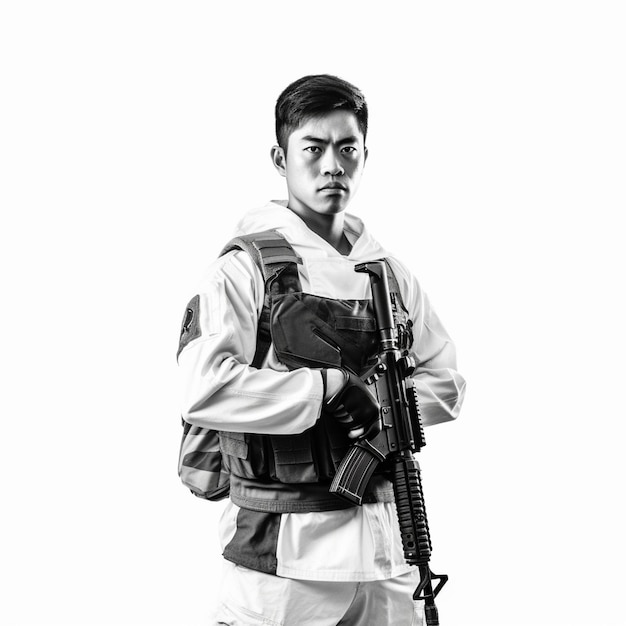 Foto voll ausgerüsteter Soldat in Tarnuniform mit einem Sturmgewehr