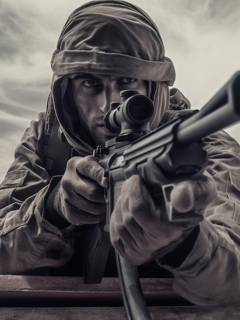 Foto voll ausgerüsteter Soldat in Tarnuniform mit einem Sturmgewehr