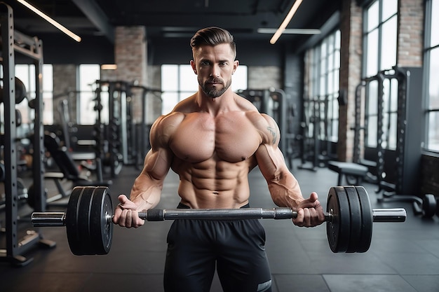 Foto vollkörperliches Porträt eines sportlichen hemdlosen Mannes, der in einem Fitnessclub mit Hanteln Biceps-Übungen macht