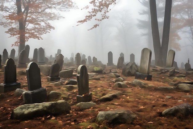 Foto foto vom foggy-friedhof mit grabsteinen