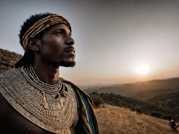 Foto von afrikanischen Mann Stammeskrieger mit Rüstung generative KI