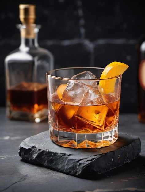 Foto von altmodischem Cocktail auf Steinhintergrund, Whiskey auf Stein, rustikaler Hintergrund