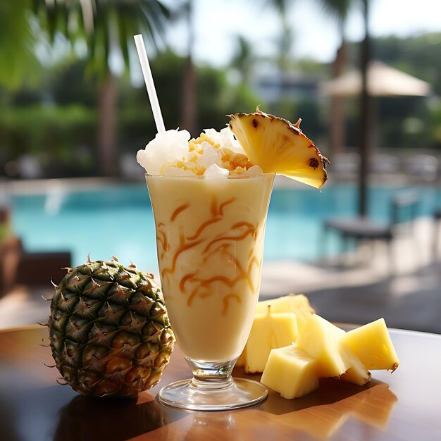 Foto von Ananas Smoothie gemischt Ananas Stücke gemischt Wiphoto von Cocon Front View Clean BG