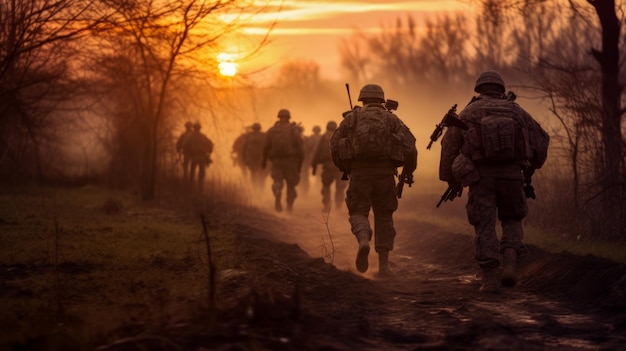 Foto von Armeesoldaten, die sich vorwärts bewegen, Telephoto-Linse, realistische Sonnenuntergangsbeleuchtung