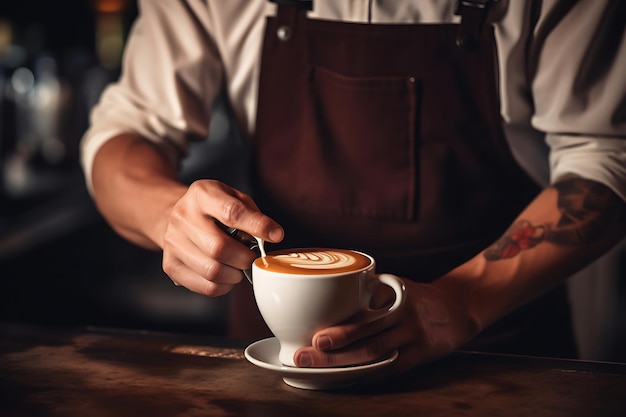 Foto von Barista, der Latte-Kunst in einem Cappuccino erstellt