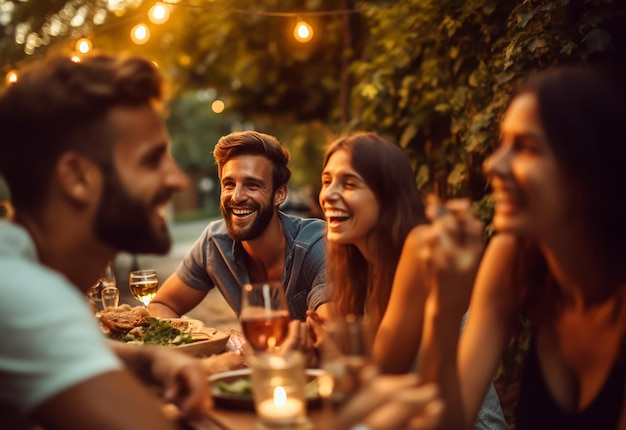 Foto von besten Freunden beim gemeinsamen Abendessen